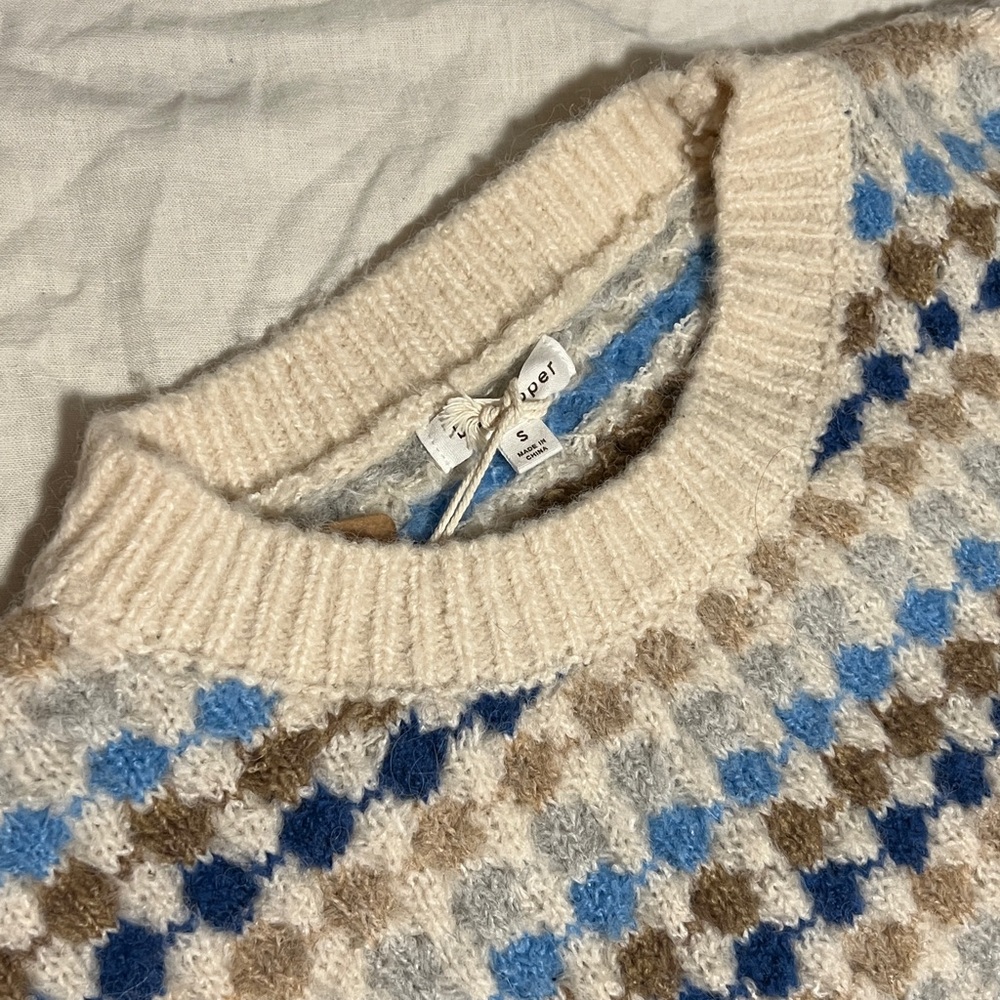 Blu Pepper Cream and Blue Patterned Crewneck Sweater